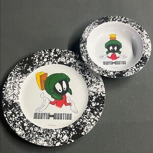 Vintage Marvin the Martian Black & White Splatter Dinner Plate and Bowl Set